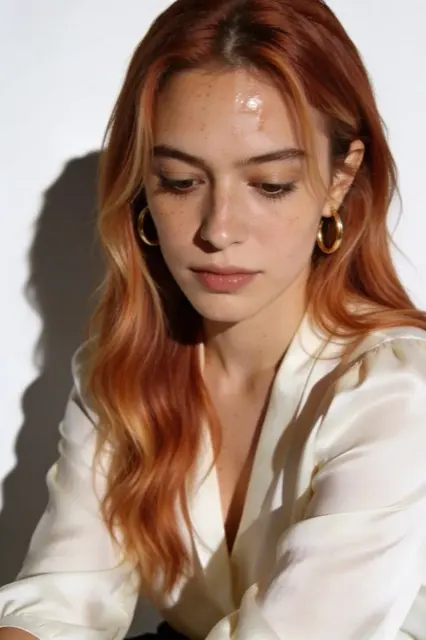 Only the hair changed: copper, longer, waved